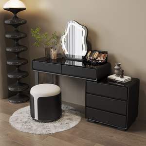 Ensemble de coiffeuse en bois noir, table de maquillage moderne en cuir avec miroir, design simple, commode de rangement pour adultes - Product Image 3
