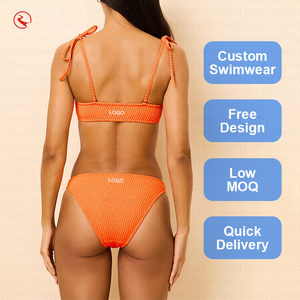 Custom Logo Knitted Bikini <b>Set</b> Halter Lace Up <b>Two</b> <b>Piece</b> Swimwear Orange Solid Color Bodycon Quick Dry Spandex Nylon - Product Image 1