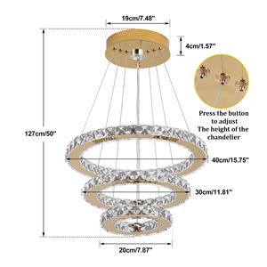 <strong>UK</strong> Warehouse Dropping Geometric Luxury <strong>Gold</strong> Crystal LED <strong>Chandelier</strong> Remote Home Hotel 3 Ring Adjustable Dimmable Suspension - Product Image 2