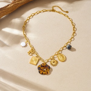 Fashion Retro Acrylic Leopard Print Flower Gold Plated Pendant Necklace Gift Jewelry - Product Image 3