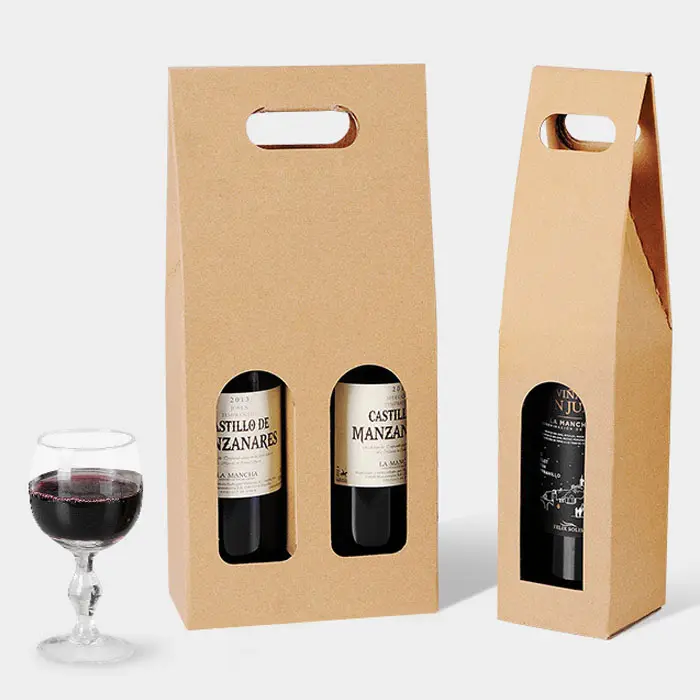 Wholesales Kraft Corrugate Paper Wine Box Packaging Red Wine Gift Carrier Box with Window Wine Bottle Packaging Cardboard Box