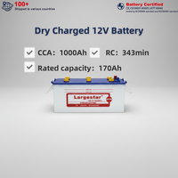 Batterie de camion et de voiture Largestar résistante aux hautes températures 12v 170ah N170 1000ACCA à charge sèche, norme JIS, garantie 1 an