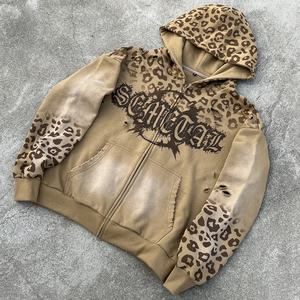 Custom Streetwear 500 Gsm Zipper <b>Hoodie</b> Heavyweight <b>Leopard</b> <b>Hoodie</b> Manufacturers Oversized Distressed Acid Wash Zip Up <b>Hoodie</b> - Product Image 1