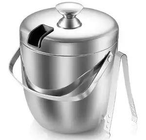 Double Walled Stainless steel Ice Bucket Wine Bucket with Tongs and Thickened Lid
