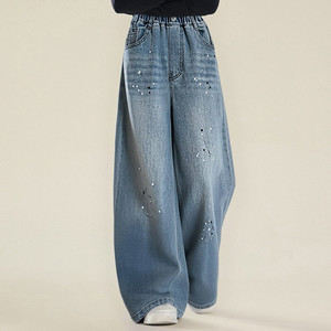 Pantalones <span class=keywords><strong>Vaqueros</strong></span> de Mezclilla para Niñas, con Cuentas y Estampado, Mezcla de Algodón y Poliéster, Transpirables, Color Personalizado, Pierna Recta, Pierna Ancha, Casuales, Elegantes para Salir - Product Image 4
