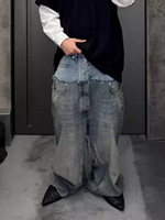 Jeans larges et amples de style streetwear, double couche, double taille, patchwork, délavé, effet usé, logo brodé personnalisé
