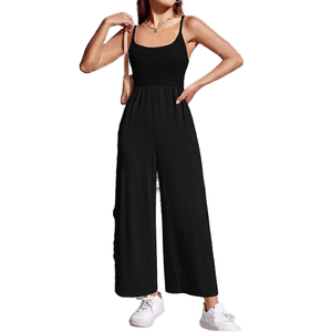 Combinaison décontractée sans bretelles pour femme avec empiècements contrastants, col carré, pantalon large, en polyester, ensemble de yoga longueur intégrale printemps/été - Product Image 1