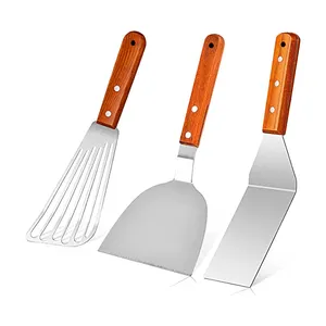 3 Pcs Set Wood Handle Stainless Steel Fish Spatula Turner With Slotted Professional Kitchen Cooking Grilling Baking Tool