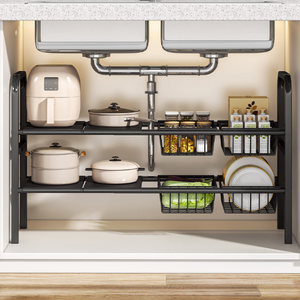 Carbon Steel Kitchen <strong>Sink</strong> Organizer <strong>Under</strong> <strong>Sink</strong> 2-Tier Shelf Removable Baskets Panels Sustainable Multifunction Tableware <strong>Storage</strong> - Product Image 3