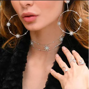 Collana girocollo starburst placcato oro argento Micro Pave stella Cz doppia catena scintillante <span class=keywords><strong>gioielli</strong></span> regalo di natale - Product Image 1
