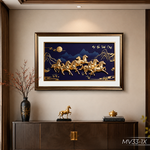 Peinture décorative de luxe sur toile, motif huit chevaux en feuille d'or, fond bleu, vente en gros Vietnam, service OEM ODM - Product Image 3