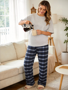 <span class=keywords><strong>Pantaloni</strong></span> Larghi da Donna a Quadri <span class=keywords><strong>con</strong></span> Elastico in Vita, Morbidi <span class=keywords><strong>Pantaloni</strong></span> Lunghi Verde-<span class=keywords><strong>Blu</strong></span> <span class=keywords><strong>con</strong></span> <span class=keywords><strong>Tasche</strong></span> <span class=keywords><strong>Laterali</strong></span>, Stile Casual per Casa - Product Image 2