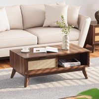 Table basse moderne en bois massif avec rangement, design accent rotin, parfait pour le salon, noyer, moyen