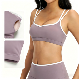 Wholesale Women's Contrast Trim Crisscross <b>Strap</b> Sports <b>Bra</b> V-Neck Yoga <b>Bra</b> with Removable Pads Slim Fit Breathable Activewear - Product Image 2
