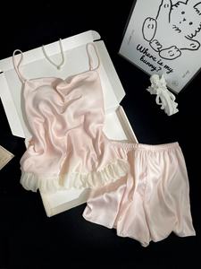 Estate donna <span class=keywords><strong>pigiama</strong></span> in raso <span class=keywords><strong>rosa</strong></span> pantaloncini da ragazza in seta di ghiaccio vestiti per la casa Sexy vestiti per la casa - Product Image 6