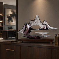 Sculpture d'art de montagne abstraite en résine faite à la main, style encre lavée, paysage contemporain, base en bois transparente, décoration zen pour la maison, cadeau