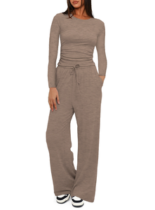 Ensemble de détente minimaliste pour femmes en 2 pièces, haut court à <span class=keywords><strong>manches</strong></span> <span class=keywords><strong>longues</strong></span> légèrement ajusté, pantalon large, survêtement décontracté pour les sports de plein air - Product Image 6