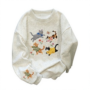 Sweat-shirt à col rond pour femme, imprimé chat mignon, épaules tombantes, pull décontracté en mélange de coton - Product Image 1