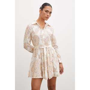 Vestido Camisero Estampado Godeli Color Crema con Cuello Tipo Wrap y Lazo, Cintura Natural, Tejido Transpirable, Vestido Casual Diario - Product Image 3