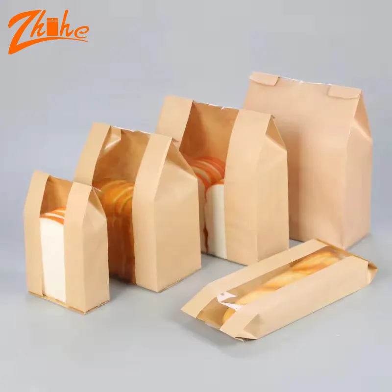 Goedkope Food Grade Custom Gebak Bakverpakking Kraft Bakvrij Brood Toast Papieren Zakken En Ramen Diepdruk Wegwerp
