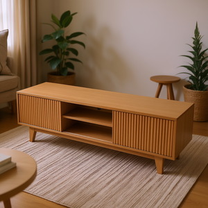 Meuble TV Boho Entertainment Center 59 pouces en bois Burlywood, design moderne pour salon, étagères réglables, montage au sol - Product Image 2