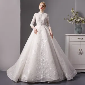 SL1822 Luxus muslimischen Brautkleid Langarm Perlen Kristalle billige Prinzessin Brautkleider Kleid Braut mit Jacke langen Zug