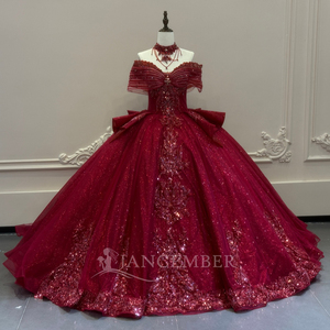 XS306 <b>Glitter</b> <b>Red</b> Off Shoulder Sequined Beaded Party Women's Quinceanera Evening Gowns Dresses - Product Image 1