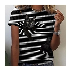 Nouveau T-<span class=keywords><strong>shirt</strong></span> pour <span class=keywords><strong>femme</strong></span> à col rond et imprimé graphique <span class=keywords><strong>chat</strong></span> à <span class=keywords><strong>motif</strong></span> rayé pour décontracté - Product Image 1