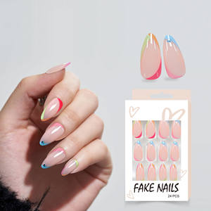 Groothandel Glanzend Ontwerp 24 Stuks Kleurrijke Tip Franse Pers Op Nagels Amandel Zomer Nep Nagels Lijm Op Nagels - Product Image 2