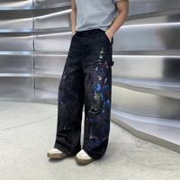 Jean droit taille basse en denim coloré style graffiti, effet éclaboussures d'encre, délavage foncé, respirant, pour l'été, de la marque américaine tendance High Street