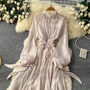<strong>Romantic</strong> Bow <strong>Dress</strong> Women Long Sleeve Ruffle Hem Knit Waist Tie Elegant Gown Fall Winter Fashion - Product Image 5