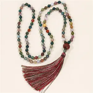 Handmade Knotted 8mm Indian Agate Beads 108 Mala Yoga Meditation Necklace With Multi Colors Long Tassel Natural Stone Jewelry