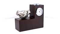Organisateur de bureau en bois avec horloge et double porte-stylos, organiseur de table de bureau haut de gamme avec plaque photo, cadeau d'entreprise