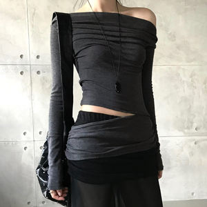 T-shirt à manches longues pour femme, couleur unie, épaules dénudées, dos nu, style coréen, streetwear Harajuku - Product Image 4