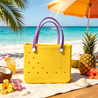 Bolso impermeable de EVA, ligero y estructurado, con bloques de color, parte superior abierta, compatible con ganchos para cochecito, bolso tipo cubo, elegante bolso de mano de malla.
