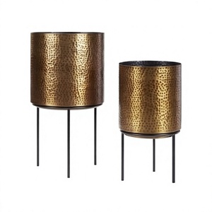 Metal Hammered Planter With Iron Stand Set Of 2 Round Shape Flower Pot Planter For Home And <b>Garden</b> Use - Product Image 1