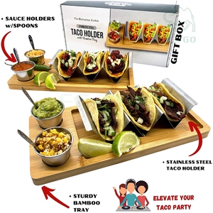 Stylish Taco <b>Stand</b> <b>Holder</b> With Bamboo Tray Set of 2 Taco With Four Sauce <b>Holders</b> and Four Spoons - Product Image 5