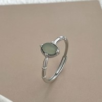 Bague ovale vintage en argent S925 avec pierre verte, style rétro en argent sterling 925