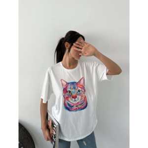 Camiseta básica de algodón estampada para mujer, manga regular, jersey transpirable, diseño de gato blanco - Product Image 3