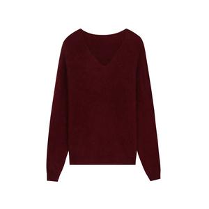 Pull en tricot minimaliste pour femme, col en V, manches longues, laine et viscose brossée, respirant, vintage, printemps, couleur bordeaux - Product Image 5