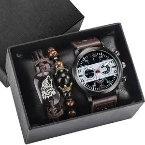 นาฬิกาหรูหราสำหรับผู้ชายสร้อยข้อมือชุดควอตซ์นาฬิกาข้อมือหนังสีดำของขวัญเด็กผู้ชาย reloj hombre