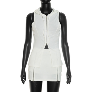 Viviblook D26ST137 Conjunto de verano para mujer, camiseta sin mangas con capucha y cremallera, minifalda de cintura alta, conjunto de dos piezas - Product Image 3