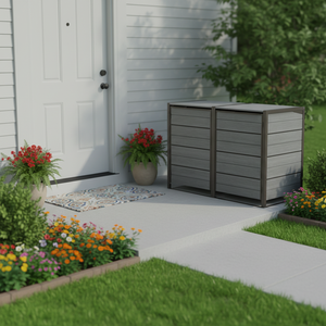 Abri de jardin extérieur compact en résine avec structure <span class=keywords><strong>métallique</strong></span> résistante aux intempéries, double porte verrouillable et bac à déchets intégré - Product Image 1