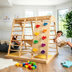 Aire de jeux intérieure Montessori, mur d'escalade multifonction en bois arc-en-ciel, barre de grimpeuse réglable pour enfants - Product Image 2