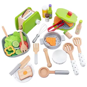 2023 New Wooden Green Kitchen Set Role Play Toy For Kid Toasters Bread Maker Waffle DIY Kitchen Cooking Simulation Game Toy