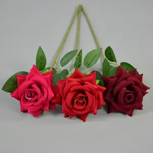 Hot Sale Wedding Decoration Velvet Flowers Bulk Red White Roses Artificial Flower Long Stem Velvet Rose