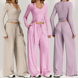 Conjunto de Yoga de 3 Piezas para Mujer: Pantalones Anchos, Top Corto Halter y Chaleco, Ropa Deportiva para Gimnasio, Fitness, Entrenamiento, Casual y Deportiva - Product Image 1
