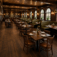 Meubles de restaurant Ron Group, banquette demi-cercle capitonnée en cuir avec chaise en cuir et structure en bois, table carrée en bois massif durable.