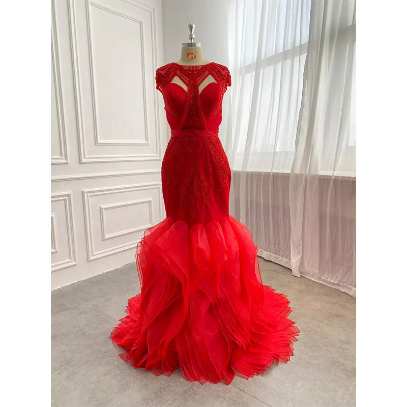 Luxury Red Carpet Evening Gown 2022 African Nigeria Ruffled Formal Party Dresses Modest Elegant Long Vintage Prom Dress