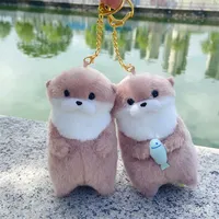 Mignon dessin animé loutres tenant poisson tissé en peluche pendentif porte-clés-élégant léger écologique école et sac à dos accessoire